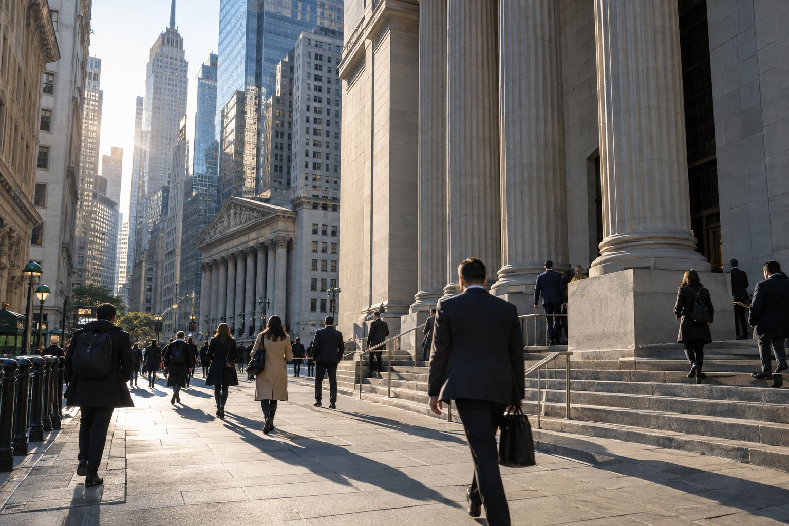Morning commuters walking through Lower Manhattan's financial district