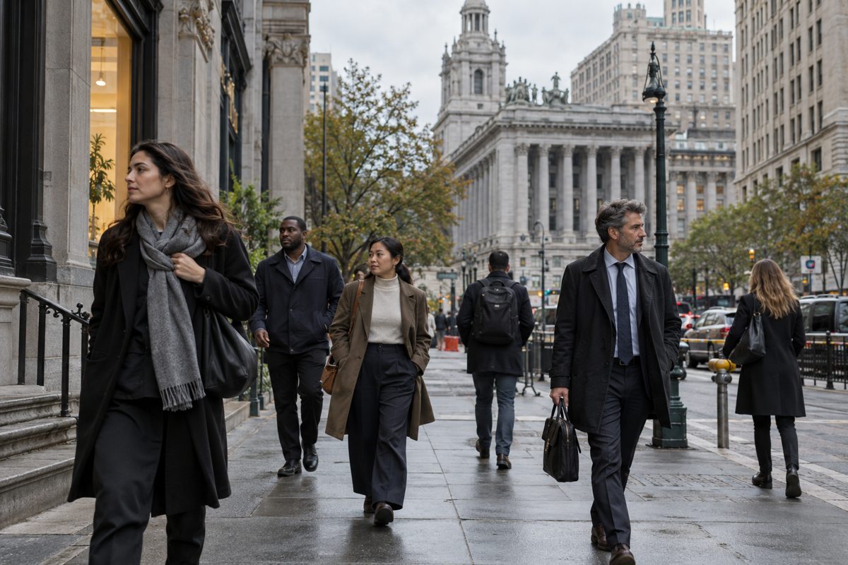 Illustrative original image of pedestrians near Lower Manhattan civic buildings
